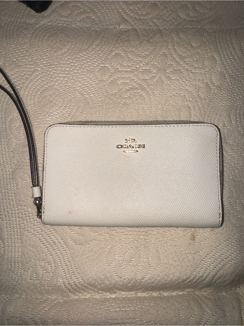 Coach White Saffiano Leather Wristlet with Gold Logo